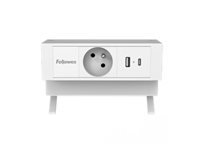 FELLOWES PRISE POUR BUREAU ÉLECTRIQUE TYPE E - BLANC Équipé de 1 x prise de courant 230v 1 x port USB-A 18w max et 1 x port USB-C
