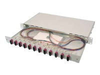 Bild von DIGITUS Ausziehbare Glasfaser - Spleissbox 1U Equipped 24xSC duplex inkl. M 25 Schraube Spleisskassette Farbige Pigtails OM4 Adapter