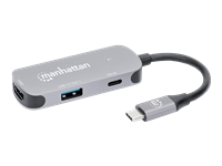 Bild von MANHATTAN USB-C 3-in-1 Konverter mit Power Delivery USB 3.2 Typ-C-Stecker auf HDMI 4K30Hz USB-A 5Gbit/s und USB-C PD 100W Alu Grau